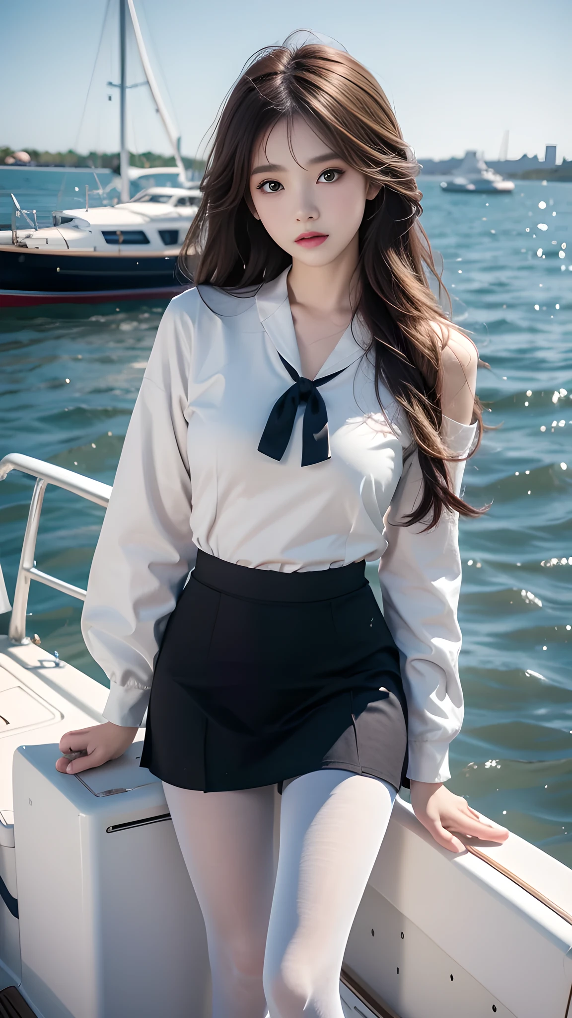 ulzzang-6500-v1.1, (RAW photo: 1.2), (Real photo), (Real photo: 1.4), 1 girl、Perfect anatomy、20 years old、Looking at the camera、Medium length hair、dress, skirt, on a boat, on the quiet sea there is only 1 boat, the waves are fierce, ((on a sailboat: 1.1))、(Hyperrealistic tights: 1.2), (Business service)、Asian eyes Ella,