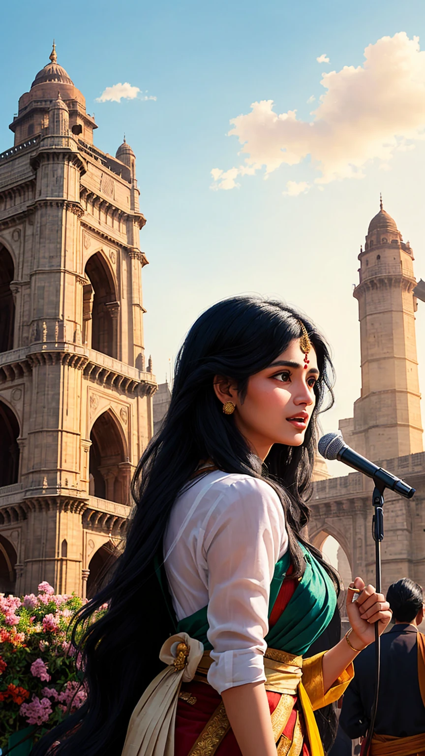 A digital illustration of a long black haired young women giving speech to people in traditional indian dress with gateway of india in the background