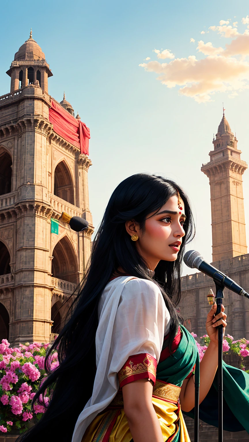 A digital illustration of a long black haired young women giving speech to people in traditional indian dress with gateway of india in the background