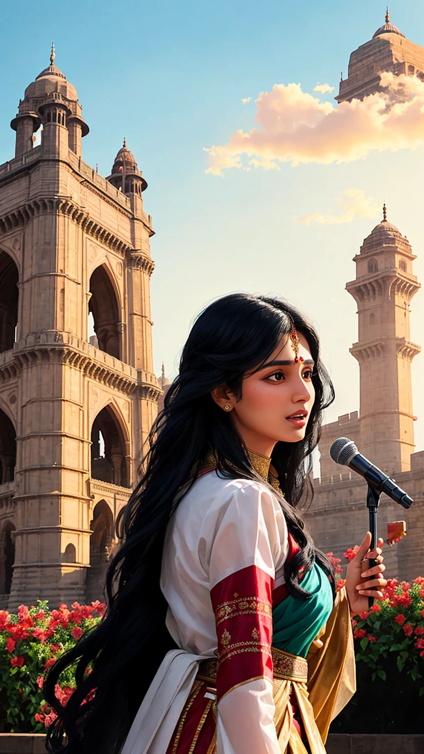 A digital illustration of a long black haired young women giving speech to people in traditional indian dress with gateway of india in the background