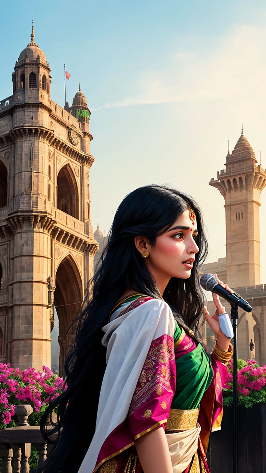 A digital illustration of a long black haired young women giving speech to people in traditional indian dress with gateway of india in the background