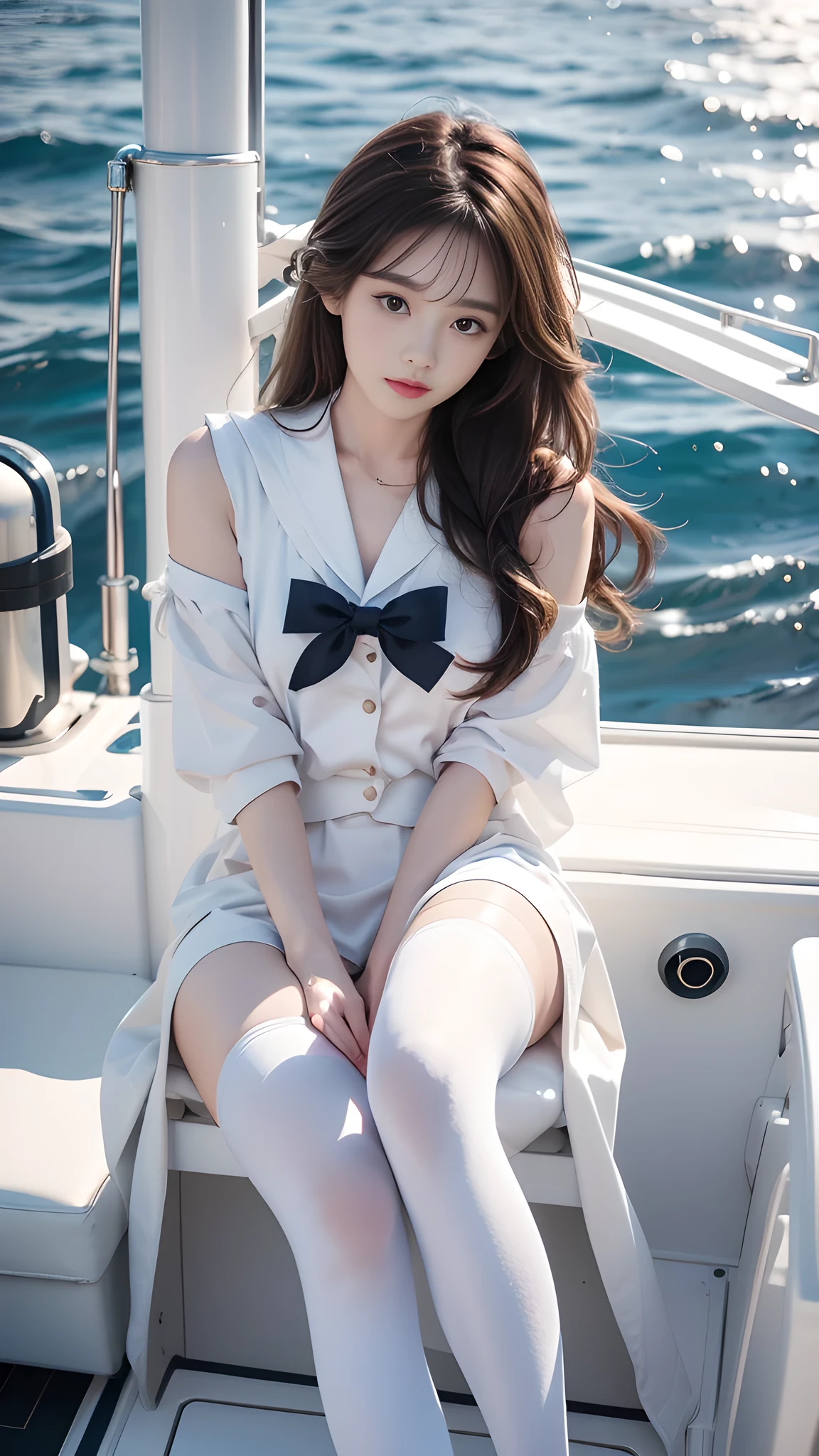 ulzzang-6500-v1.1, (RAW photo: 1.2), (Real photo), (Real photo: 1.4), 1 girl、Perfect anatomy、20 years old、Looking at the camera、Medium length hair、dress, skirt, on a boat, on the quiet sea there is only 1 boat, the waves are fierce, ((on a sailboat: 1.1))、(Hyperrealistic tights: 1.2), (Business service)、Asian eyes Ella,