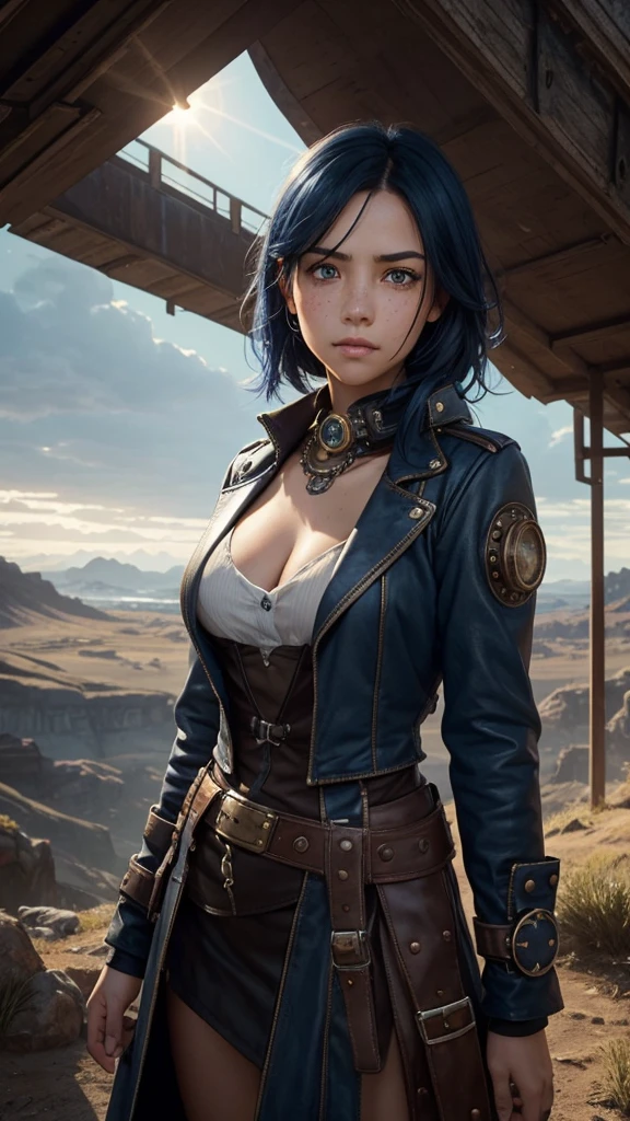 That has a background with a landscape behind , and in front there is a young and pretty girl who can only be seen from the waist up with dark blue hair. , round face with light freckles ,big brown eyes carefree and angry look that has a steampunk style , and above there is a space