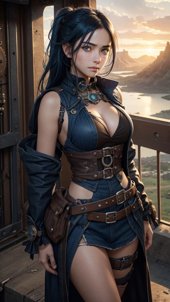 That has a background with a landscape behind , and in front there is a young and pretty girl who can only be seen from the waist up with dark blue hair. , round face with light freckles ,big brown eyes carefree and angry look that has a steampunk style , and above there is a space 