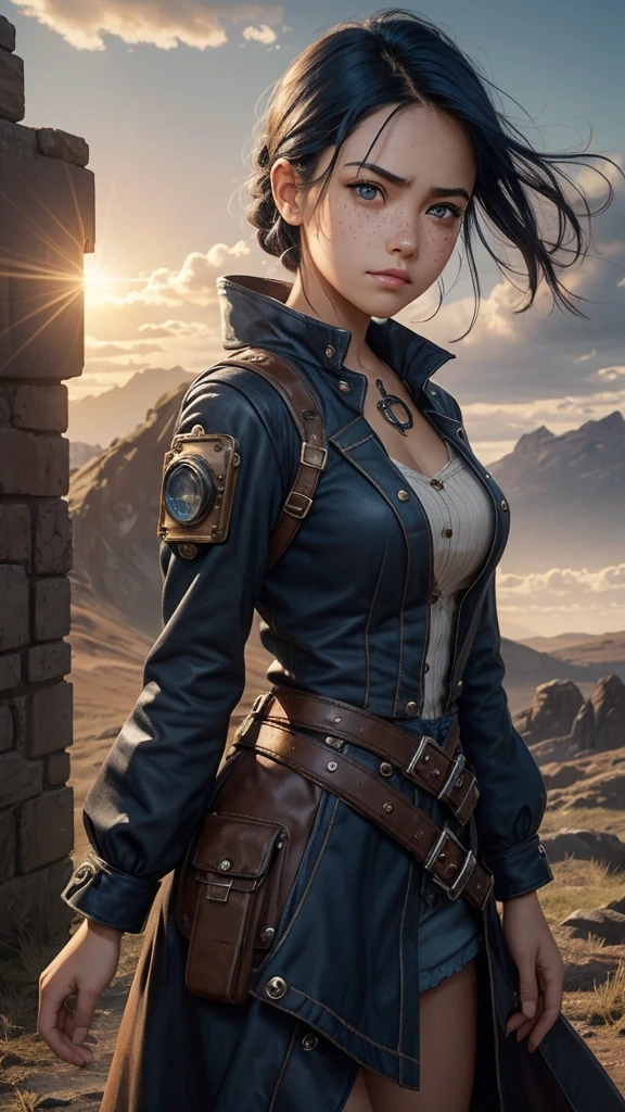 That has a background with a landscape behind , and in front there is a young and pretty girl who can only be seen from the waist up with dark blue hair. , round face with light freckles ,big brown eyes carefree and angry look that has a steampunk style , and above there is a space
