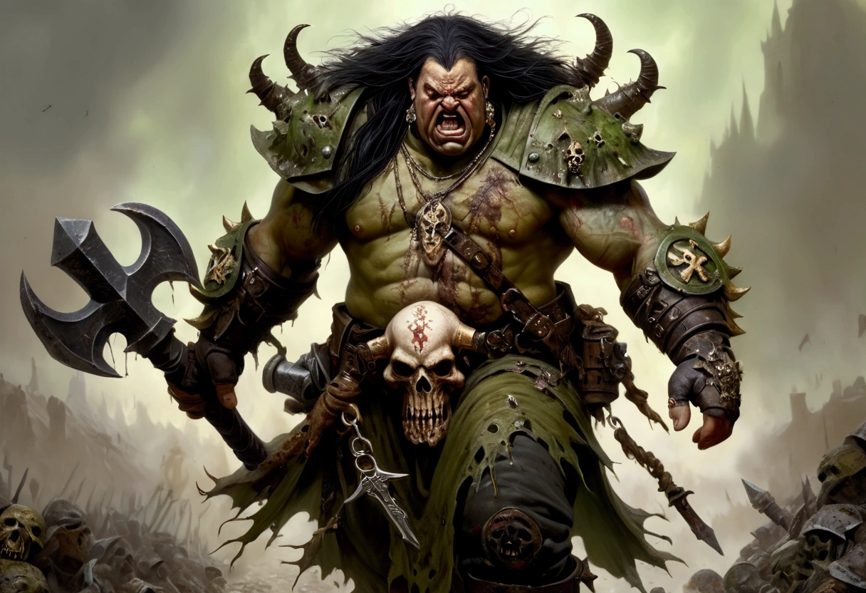 A 40ish man devotee of Warhammer chaos god Nurgle, (bedraggled, black hair, brown eyes, dirty and dingy, european features, dirty worn clothing, tabard with christian markings, obvious chaos tain assorted holy symbol necklaces dagger and mace on belt) walking a trail