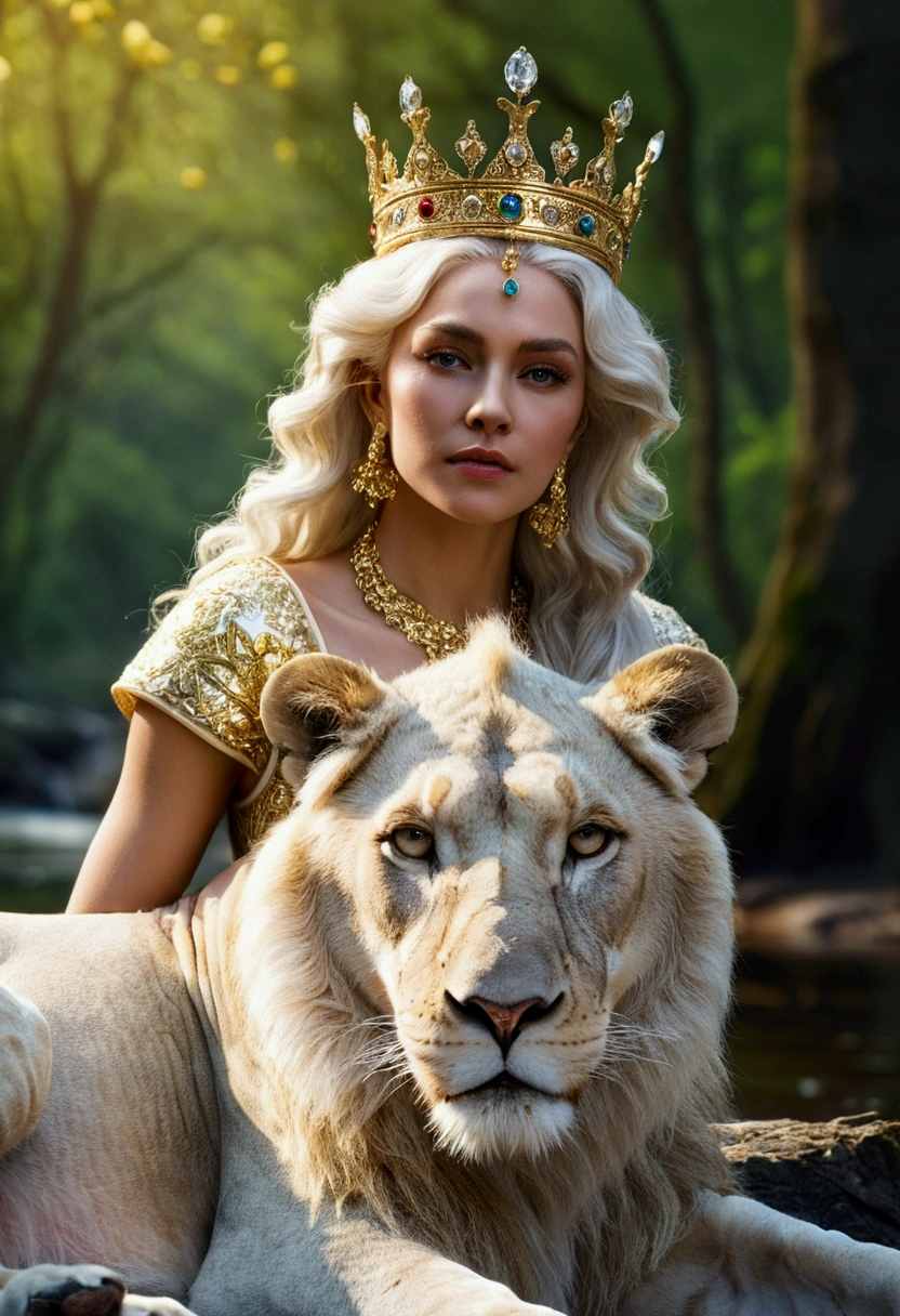 Masterpiece, A beautiful queen, crowned with gold and diamonds sits in the forest in spring, blossom, accompanied by a white Lion, on the edge of a clear and very beautiful river, high definition at 4k resolution, sharp focus, with very detailed facial features and realistic visual style, high detail face, high detail skin, high resolution, photo-realistic, cinematic lighting, depth of field, bokeh