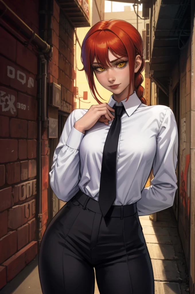 1 girl, (standing alone:1.2), (adjusting clothes:1.3), (looking at the viewer:1.5), necktie preta, (アニメ:1.2) (curved:1.2),, (work of art:1.3), (best qualityer:1.3), (Perfect Anatomia:1.4), highly detailded, , smooth shading, detailded, semi-realistic, Hands, long hair, ssmile, bangss, (yellow eyes:1.2), braid, Red hair, braided ponytail, surrounded eyes, chemise, long sleeves, white chemise, necktie, collared chemise, pants, black pants, formal, Suit, black necktie, chemise tucked in, Secretary, (natta:1.5), (dark alley inside a big city:1.2), concrete, Poor lighting, (dystopian), redheadwear, olhos laranjas detaildeds,