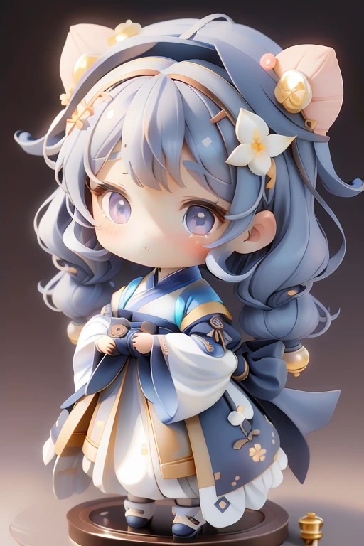 girl with, Chibi、amber, , medium pastel navy blue white, luxury fabrics, dithering, Far-reaching,viewer lucky brown,Hanfu、no ears on head