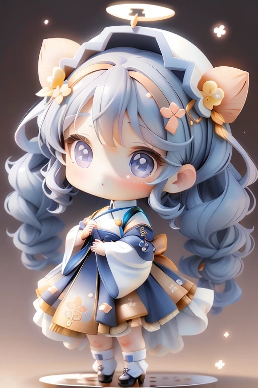girl with, Chibi、amber, , medium pastel navy blue white, luxury fabrics, dithering, Far-reaching,viewer lucky brown,Hanfu、no ears on head