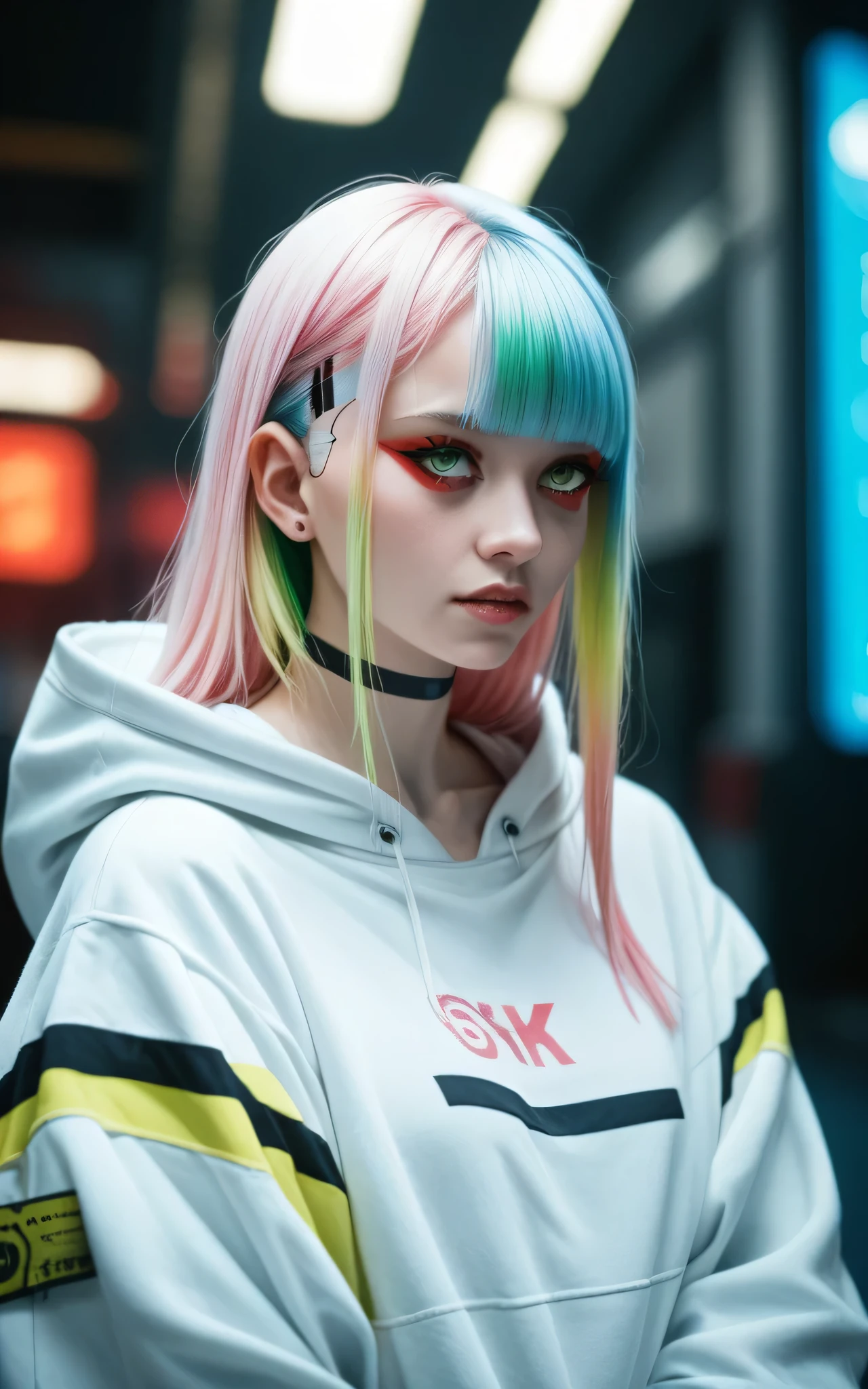 lucy \(cyberpunk\), masterpiece, high detail, 8k, 1girl, tall girl, hime cut, white hair, blue hair, pink hair, yellow hair, green hair, multicolored hair, parted bangs, red eyeliner, white hoodie, cyberpunk \(series\)