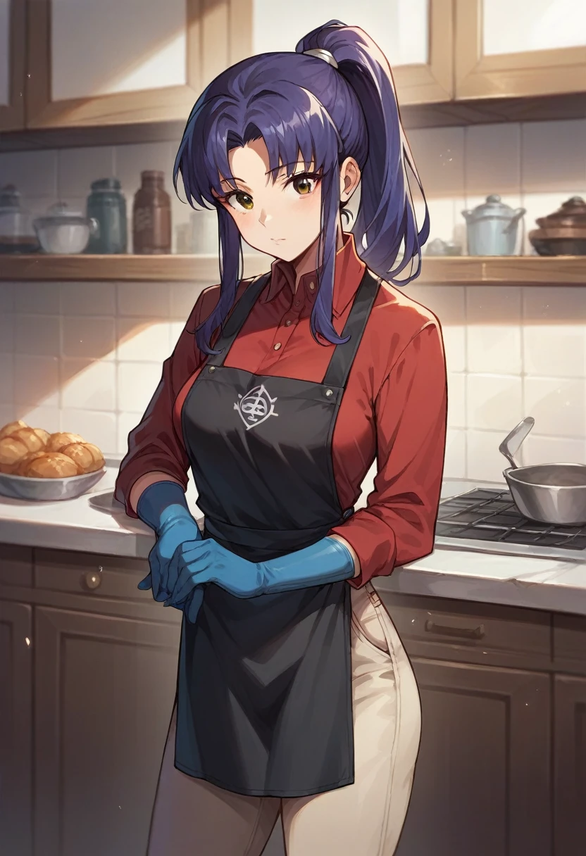 1girl, misato katsuragi, ponytail, ((blue half elbow gloves)), (red shirt), ((long sleeves)), (black apron), (pants), looking at viewer, standing, solo