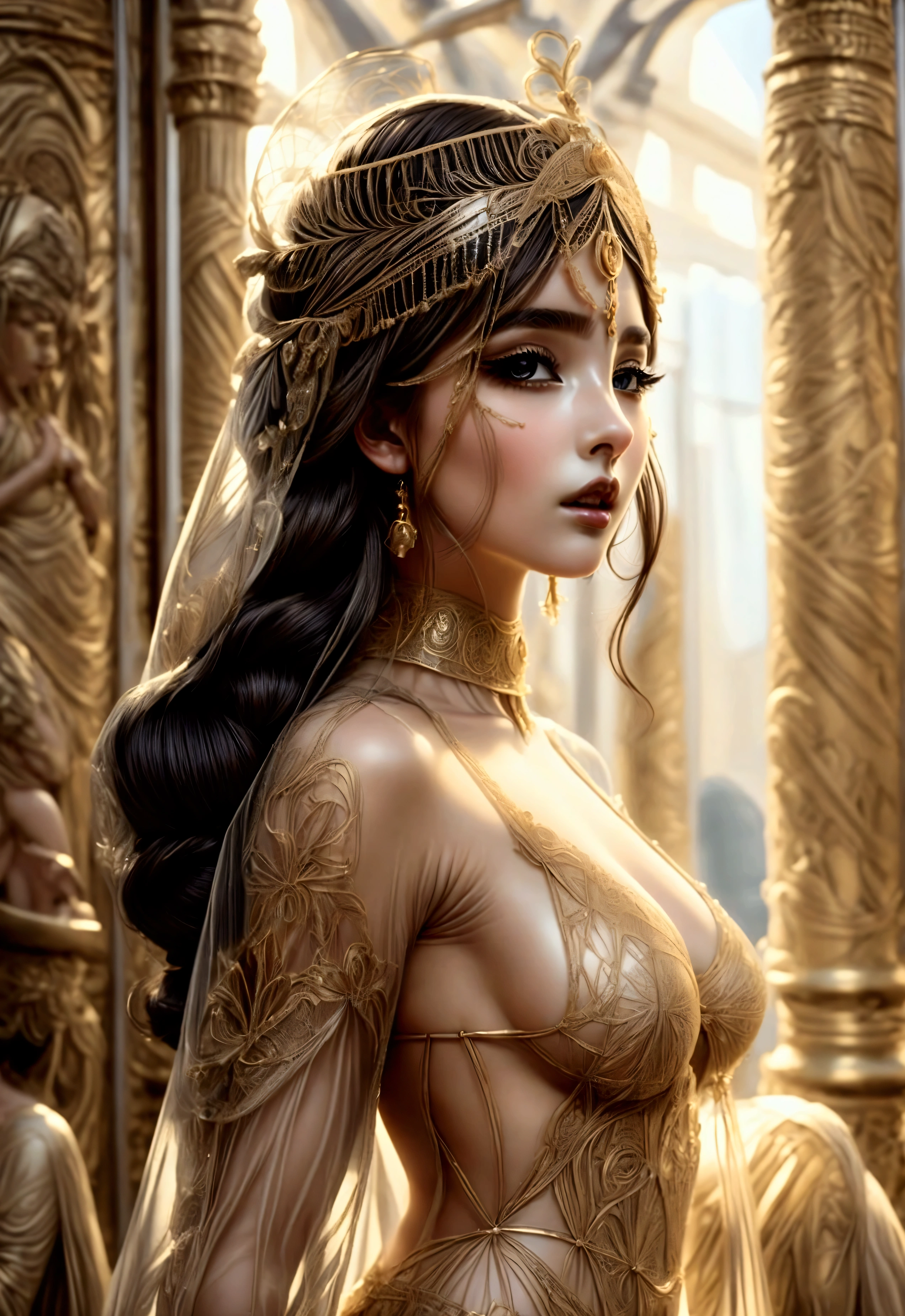 Imagine the photograph of a beautiful and sensual woman with her costume inspired by a very sensual Greek goddess in the main room of a Greek palace. , with her transparent outfit showing her very detailed and perfect body