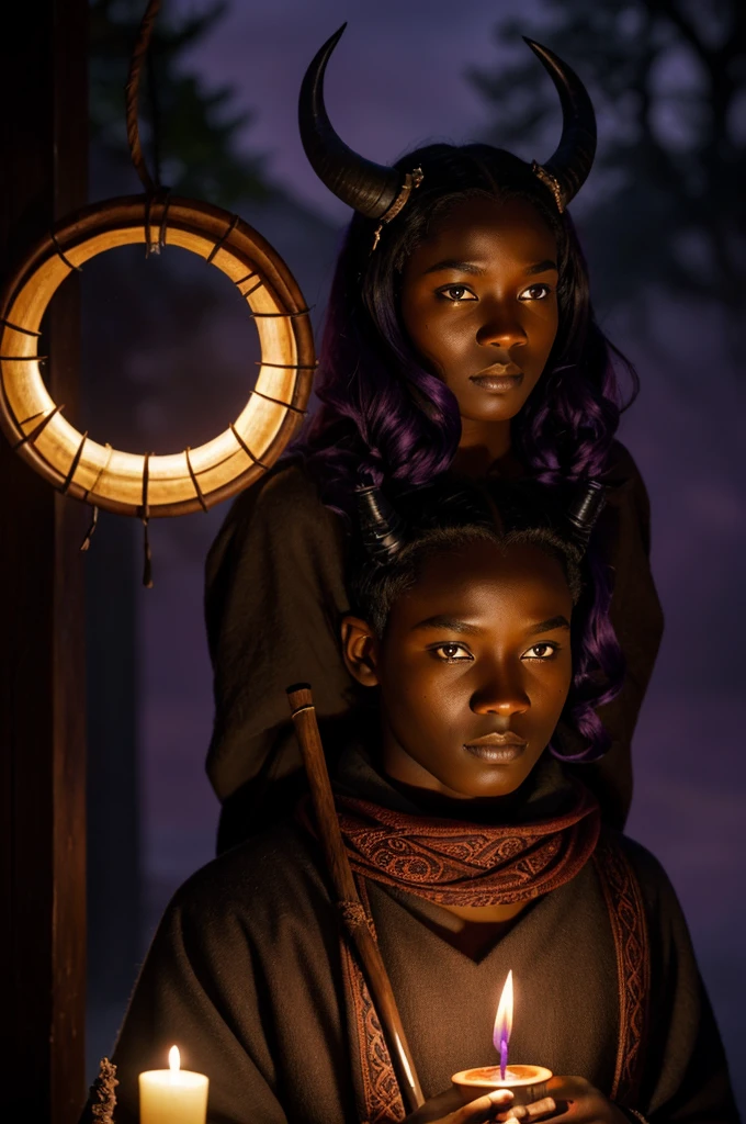 Inkubus. Dark red skin color, dark purple hair. no beard, Babyface. 26 years old. Horns grow from the forehead in a circular pattern backwards, form half rings. Old travel clothes. In one hand a walking stick with decorations. Other hand a lantern. Surrounded by total darkness