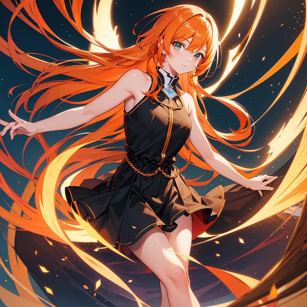 create an orange hair anime girl , gentle from a distant angle and she alone, Background transparent