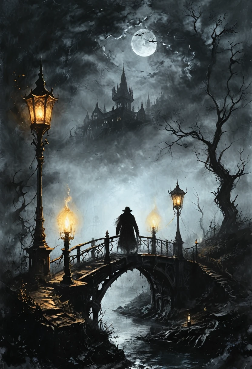 a Clockwork djinn with ornate, mystical lamps at a Gaslit bridge spanning over tranquil river, city of yharnam, bloodborne, ultra-fine digital painting, cin3 victorianstyle