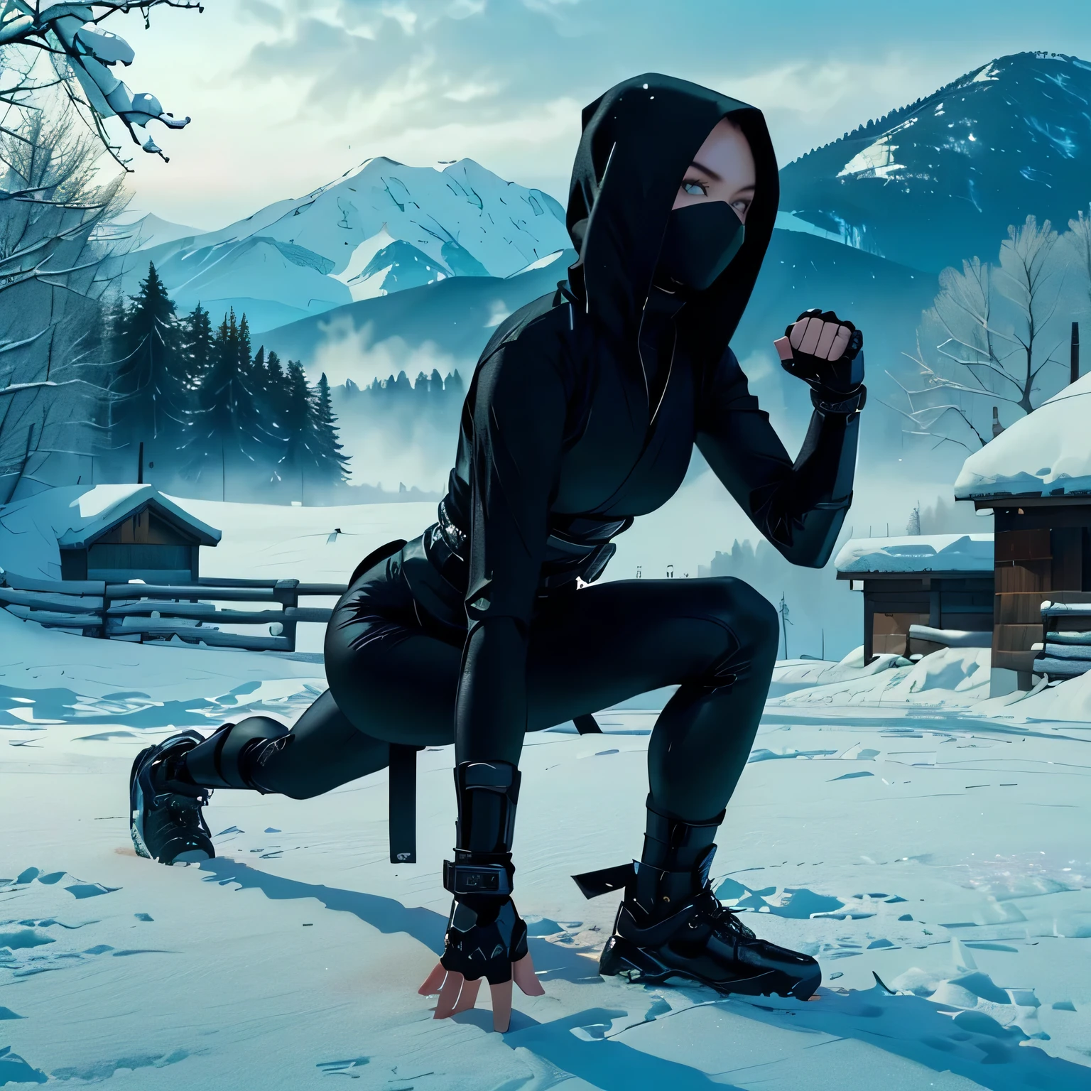 plump woman in black clothes crouching in the snow, ninja outfit, in the style of sifu 🔥 😎 🕹️ 👀 :2, epic ninja suit, ninja, female assassin, character from mortal kombat, badass pose, mk ninja, gothic ninja, mystical ninja, an angry age killer, beautiful female assassin, style of mortal kombat, greeneyes, foco nos greeneyes