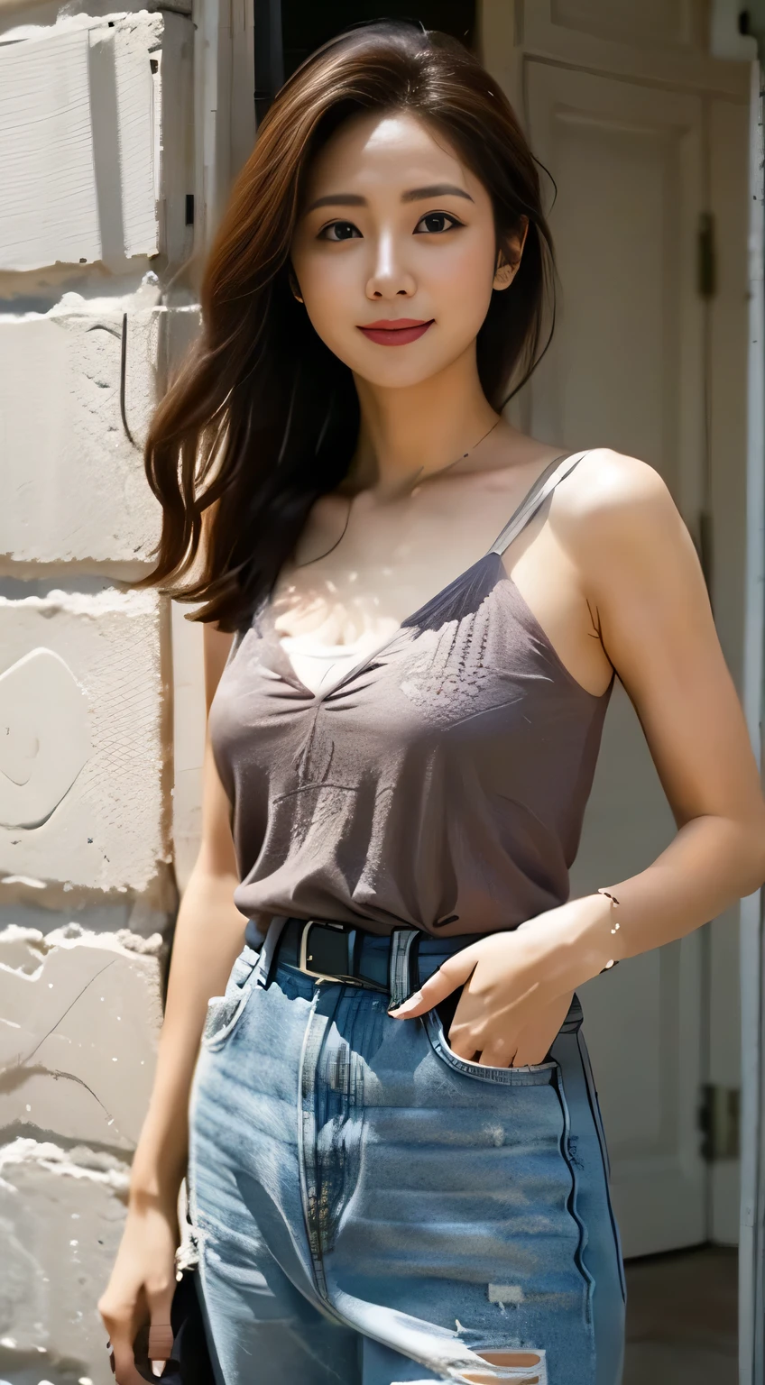 Photo - Real (1. Royal Sister Korean Star) I slicked my hair back., White skin, light makeup, breasts of standard size, smile, Wear a purple patterned camisole jacket, Standing in front of the hut, Full body portrait, Hyper HD,A photo showing you from the waist to the head、
