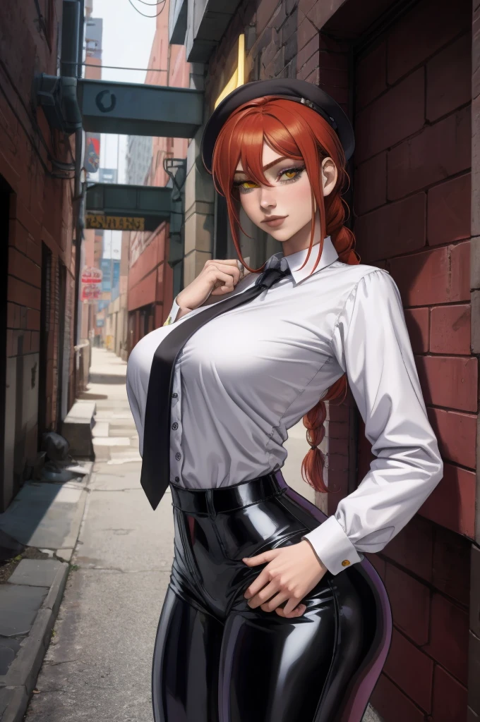 1 girl, (standing alone:1.2), (adjusting clothes:1.3), (looking at the viewer:1.5), necktie preta, (アニメ:1.2) (curved:1.2),, (work of art:1.3), (best qualityer:1.3), (Perfect Anatomia:1.4), highly detailded, , smooth shading, detailded, semi-realistic, Hands, long hair, ssmile, bangss, (yellow eyes:1.2), braid, Red hair, braided ponytail, surrounded eyes, chemise, long sleeves, white chemise, necktie, collared chemise, black latex pants, latex black pants, formal, Suit, black necktie, chemise tucked in, Secretary, (natta:1.5), (dark alley inside a big city:1.2), concrete, Poor lighting, (dystopian), redheadwear, olhos laranjas detaildeds, wide hips , huge ass ,lewd