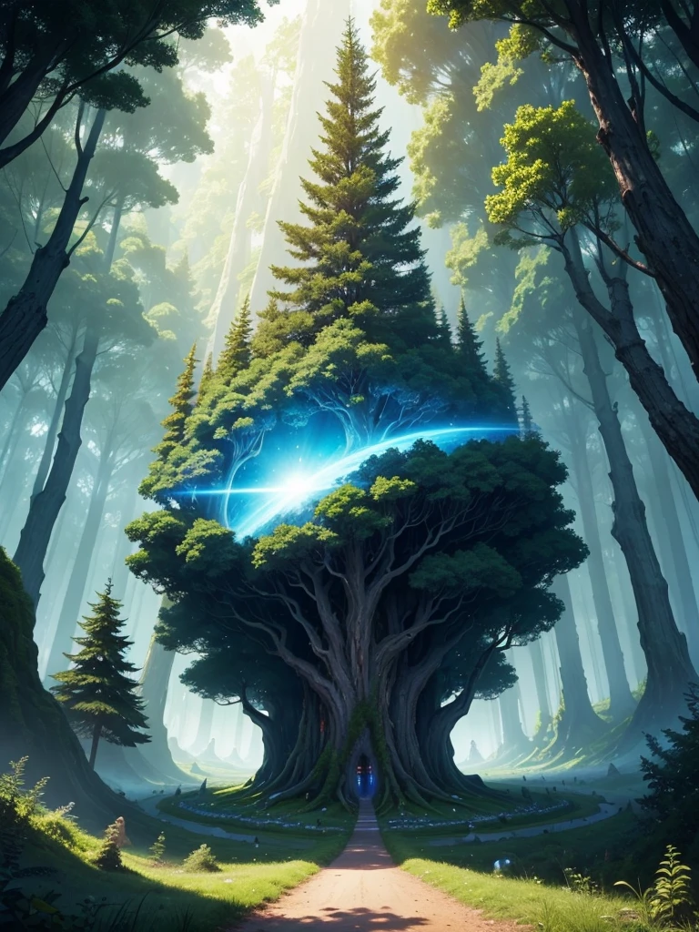 mysteriousな超巨大なトンネルの中に森がある,Giant Tree Forest,There is a huge tree,Different world,new world,universe,There is a road in the middle of the forest,Different world,The sunlight from the sun shines on the earth,Colorful,Best Quality,8k,mysteriouultidimensional,High Dimension,Fantasy,Different space,There are many different creatures,Nature,romantic,A world beyond imagination,Dream world,universe,Huge river,masterpiece,最高masterpiece,perfection,