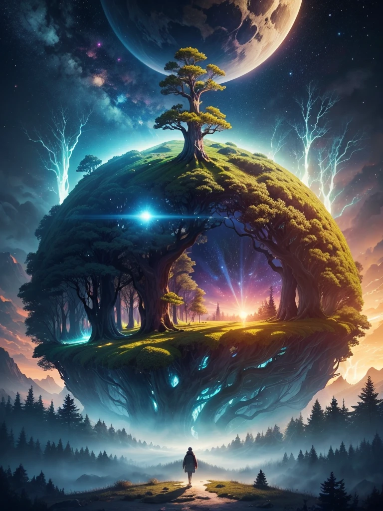 mysteriousな超巨大なトンネルの中に森がある，Giant Tree Forest，There is a huge tree，Different world，new world，universe，There is a road in the middle of the forest，Different world，The sunlight from the sun shines on the earth，Colorful，Best Quality，8k，mysteriouultidimensional，High Dimension，Fantasy，Different space，There are many different creatures，Nature，romantic，A world beyond imagination，Dream world，universe，Huge river，masterpiece，最高masterpiece，perfection，