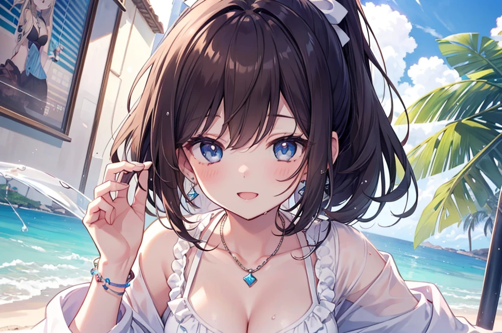 (((girl kawaii))), (a Very delicate and beautiful girl), ((Ultra-fine illustrations)), (Very delicate and beautiful), charactera girl, Please raise your hand, Wet, girl, age girl, Flowing Hair, (High Ponytail), (Long dark brown hair), Beautiful and fine hair, Very beautiful and detailed anime faces and eyes, (smile), Intricate details、Beautiful and delicate eyes, Bright Eyes, Open your mouth, Cleavage, Pale blue eyes, White skin, Frills, Hair Ribbon, Earrings, Gemstone Necklace, bracelet, (White Bikini), cardigan, Wet clothes, Open Court, White clothes, (Beach), (blue sky), sunlight, Backlight, Highly detailed light, ((Absurd)), (((wallpaper 8k CG))), masterpiece,