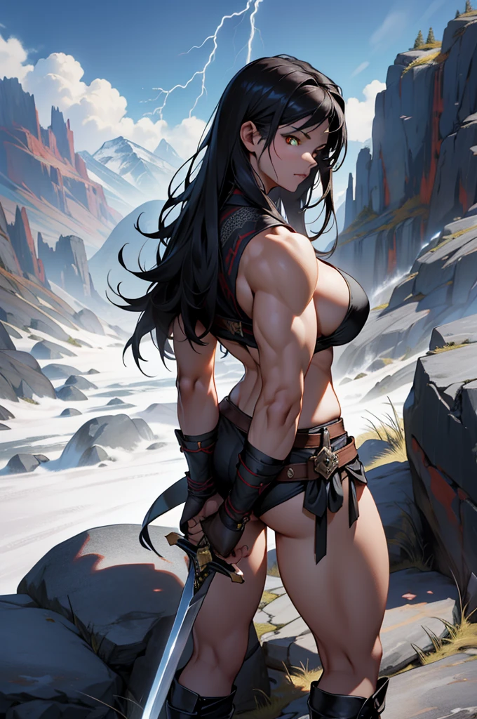 alone, (((1 girl))), Very long hair, Black Hair, anger, Yellow Eyes, ((((Muscular)))), ((Huge boobs)), ((Thick thighs)), ((Wide Hips)), Pale skin,Rusty Bikini Armor, Fur waistband、((A very big sword))、(Holding the sword with both hands:1.2)、Big Ass, (From behind), From above、Red dark sky、Steep rocky mountains、Cliff、Lightning strikes、Detailed and well-formed sword、(hold the hilt of the sword:1.3)、