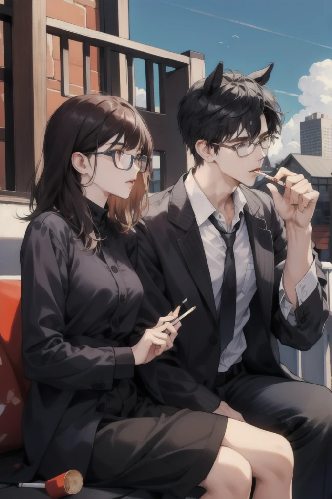 a guy that has a horse head, and a girl with glasses, medium hair, they are both sitting on a rooftop and smoking cigarettes