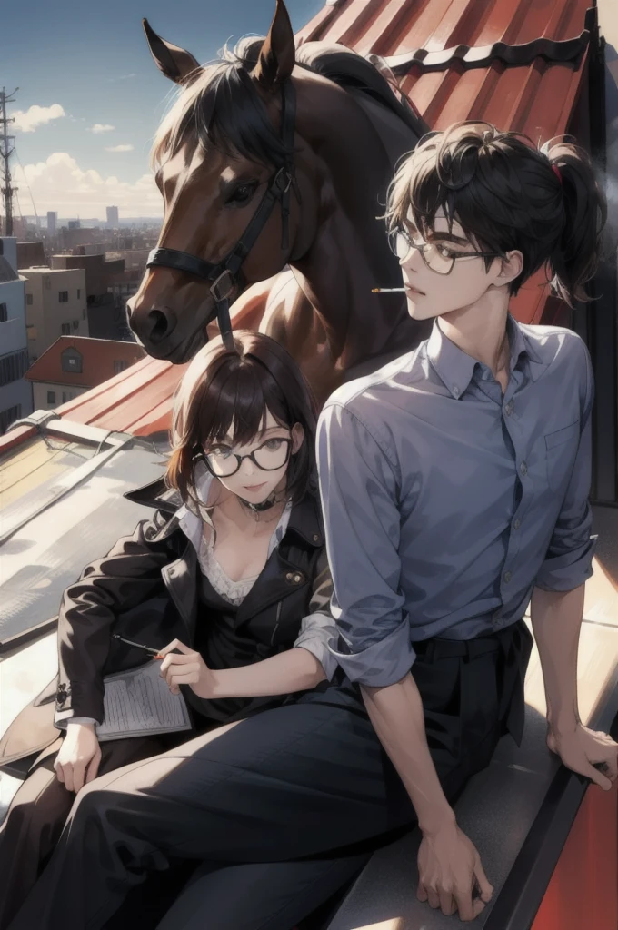 a guy that has a horse head, and a girl with glasses, medium hair, they are both sitting on a rooftop and smoking cigarettes