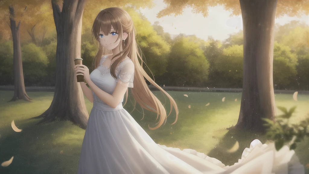 A beautiful young woman standing alone in a serene park at dusk, with a bittersweet smile on her face. Her eyes show a hint of sadness, and tears glisten as they catch the soft light. She is dressed in a flowing dress that moves gently in the evening breeze. In the background, the sun is setting, casting a golden glow over the scene, with leaves falling gently from the trees, symbolizing the passage of time and lost love
