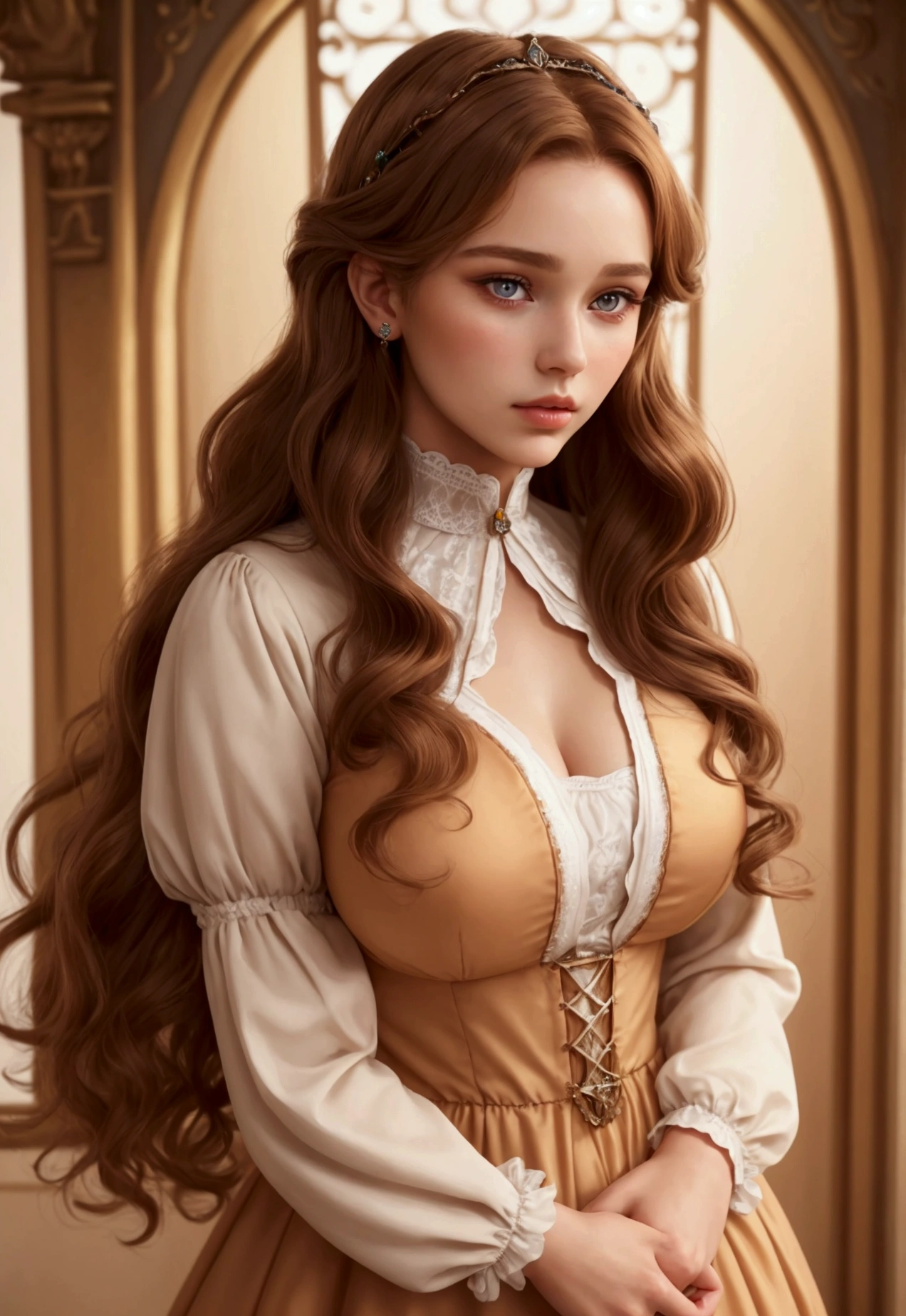  woman, Beautiful, Hyperrealistic, with coppery brown hair, blonde highlights, long and curly curly. With white Nordic European skin, she has a heart-shaped face with high cheekbones and a delicate jaw. Her eyes are a honey color and her lips are full and slightly parted. She wears a modest and elegant orange medieval maiden dress with a ruffled collar. Her makeup is natural and understated, with a hint of blush on her cheeks and light brown eyeshadow on her lids. He is 19 years old, big tits,sexy, erotic, he is Bolucuno and has a sweet and innocent expression. In a room of the Palace.