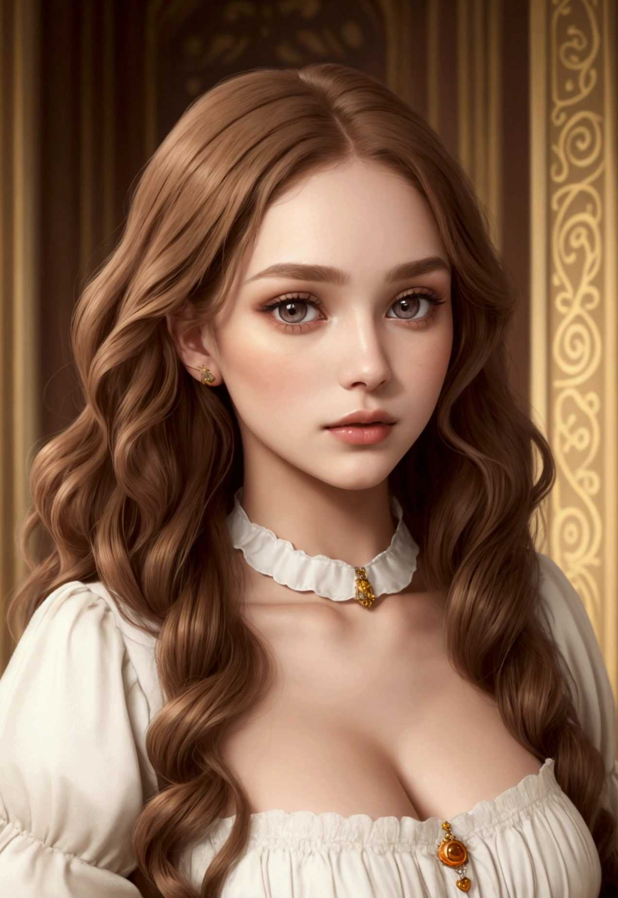 Little woman, Beautiful, Hyperrealistic, with coppery brown hair, blonde highlights, long and curly curly. With white Nordic European skin, she has a heart-shaped face with high cheekbones and a delicate jaw. Her eyes are a honey color and her lips are full and slightly parted. She wears a modest and elegant orange medieval maiden dress with a ruffled collar. Her makeup is natural and understated, with a hint of blush on her cheeks and light brown eyeshadow on her lids. He is 19 years old, big tits,sexy, erotic, he is Bolucuno and has a sweet and innocent expression. In a room of the Palace.