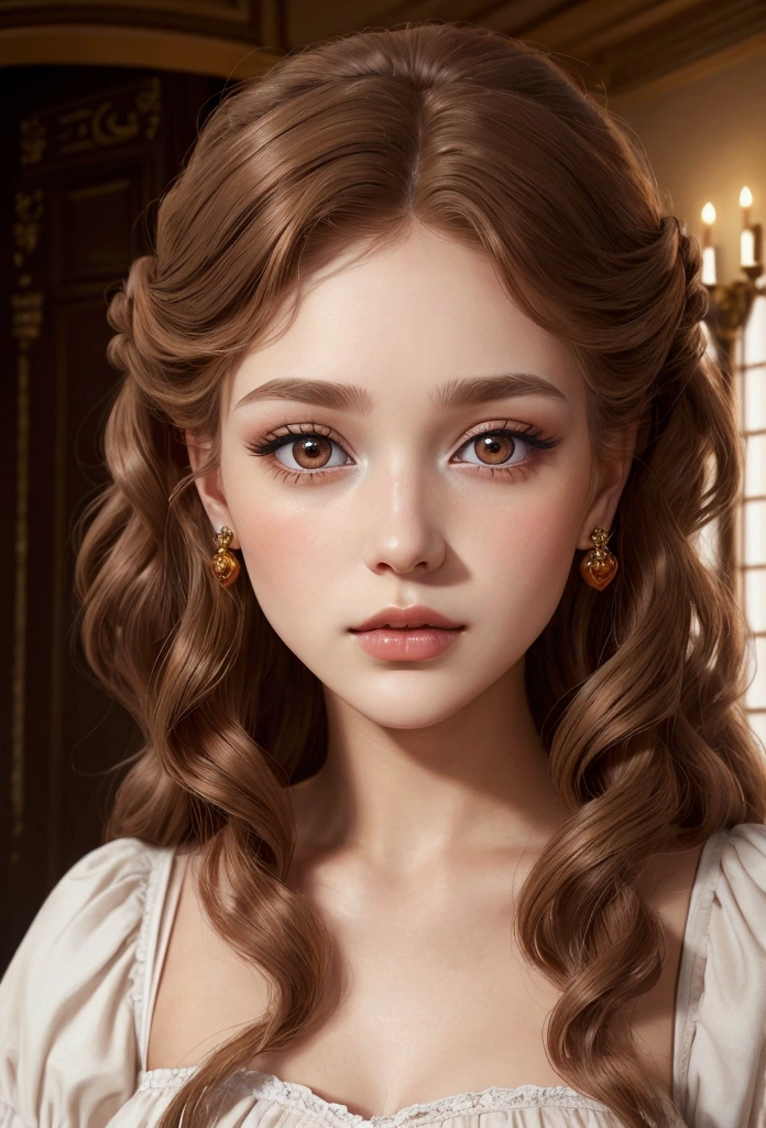 Little woman, Beautiful, Hyperrealistic, with coppery brown hair, blonde highlights, long and curly curly. With white Nordic European skin, she has a heart-shaped face with high cheekbones and a delicate jaw. Her eyes are a honey color and her lips are full and slightly parted. She wears a modest and elegant orange medieval maiden dress with a ruffled collar. Her makeup is natural and understated, with a hint of blush on her cheeks and light brown eyeshadow on her lids. He is 19 years old, big tits,sexy, erotic, he is Bolucuno and has a sweet and innocent expression. In a room of the Palace.