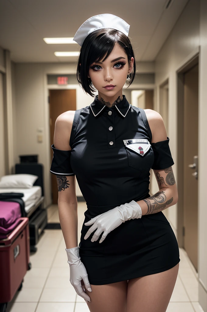 Quality, 8K, 32K, Masterpiece: 1.3, Ultra-detailed, Photorealistic: 1.4, Caucasian, Albino, Punk girl, Detailed eyes, Upper body, Asymmetrical black hair, Gorgeous punk hair,nurse, breast pocket, collared dress, short dress, short sleeves, thighs, tight white with deep decolette, dress, 4 size breast, white gloves, , Edgy punk fashion, Avant-garde makeup, Multiple piercings, Tattoos, hospital background, Backlight effect, Shallow depth of field, Blurred background, Beautiful legs, black pixie hair, open shoulders, sexy pose, nurse costume,