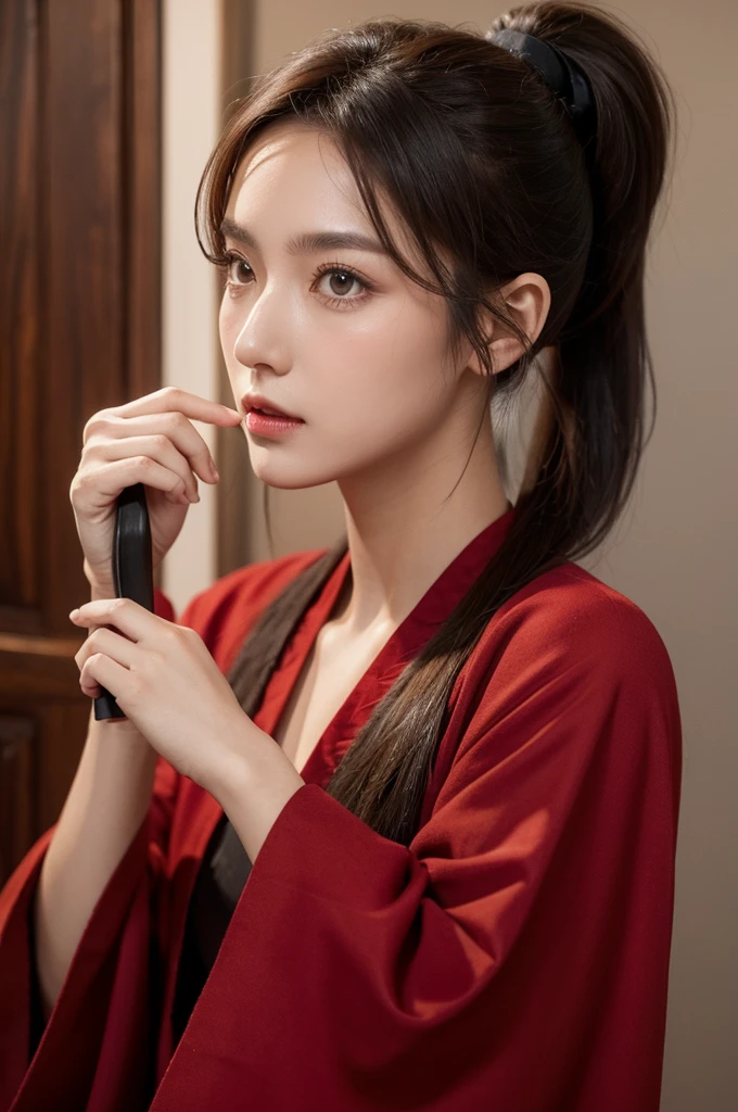 Brunette single ponytail，Taoist robe，knife，Red pupil，