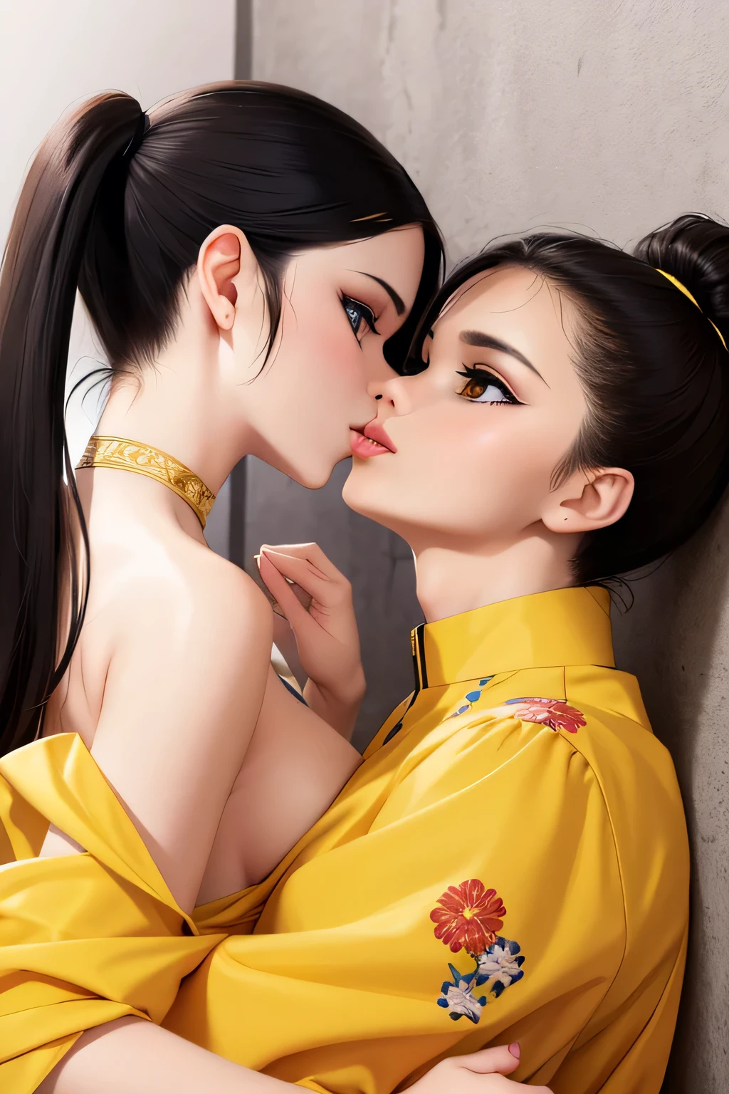 Amazing portrait of a sexy woman with her hair tied back in a low ponytail as she gazes at us seductively with her perfect lips parted for a kiss as she's pinned against the wall wearing a yellow kurta with floral embroidery
