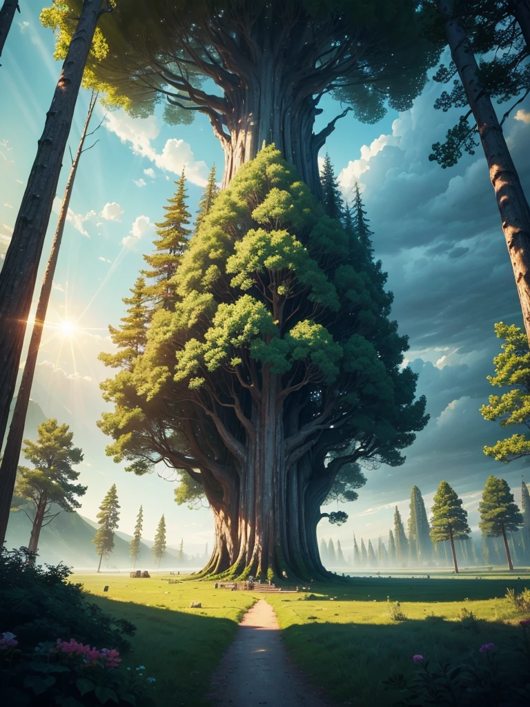mysteriousな超巨大なトンネルの中に森がある,Giant Tree Forest,A gigantic wooden building,There is a huge tree,Different world,new world,universe,There is a road in the middle of the forest,Different world,The sunlight from the sun shines on the earth,Colorful,Best Quality,8k,mysteriouultidimensional,High Dimension,Fantasy,Different space,There are many different creatures,Nature,romantic,A world beyond imagination,Dream world,universe,Huge river,masterpiece,最高masterpiece,perfection,