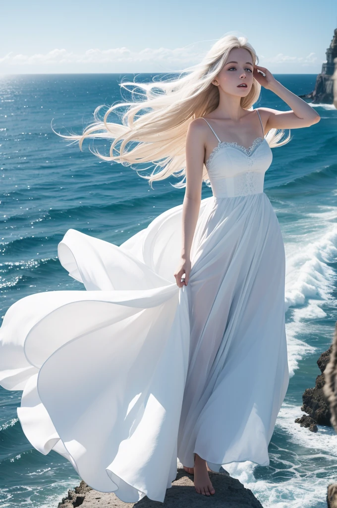 garota de coasts, sky landscape, white gown, long cream colored hair, light blue eyes, flying dress, mouth slightly open, hair flying in the wind, view from bottom to top, coasts