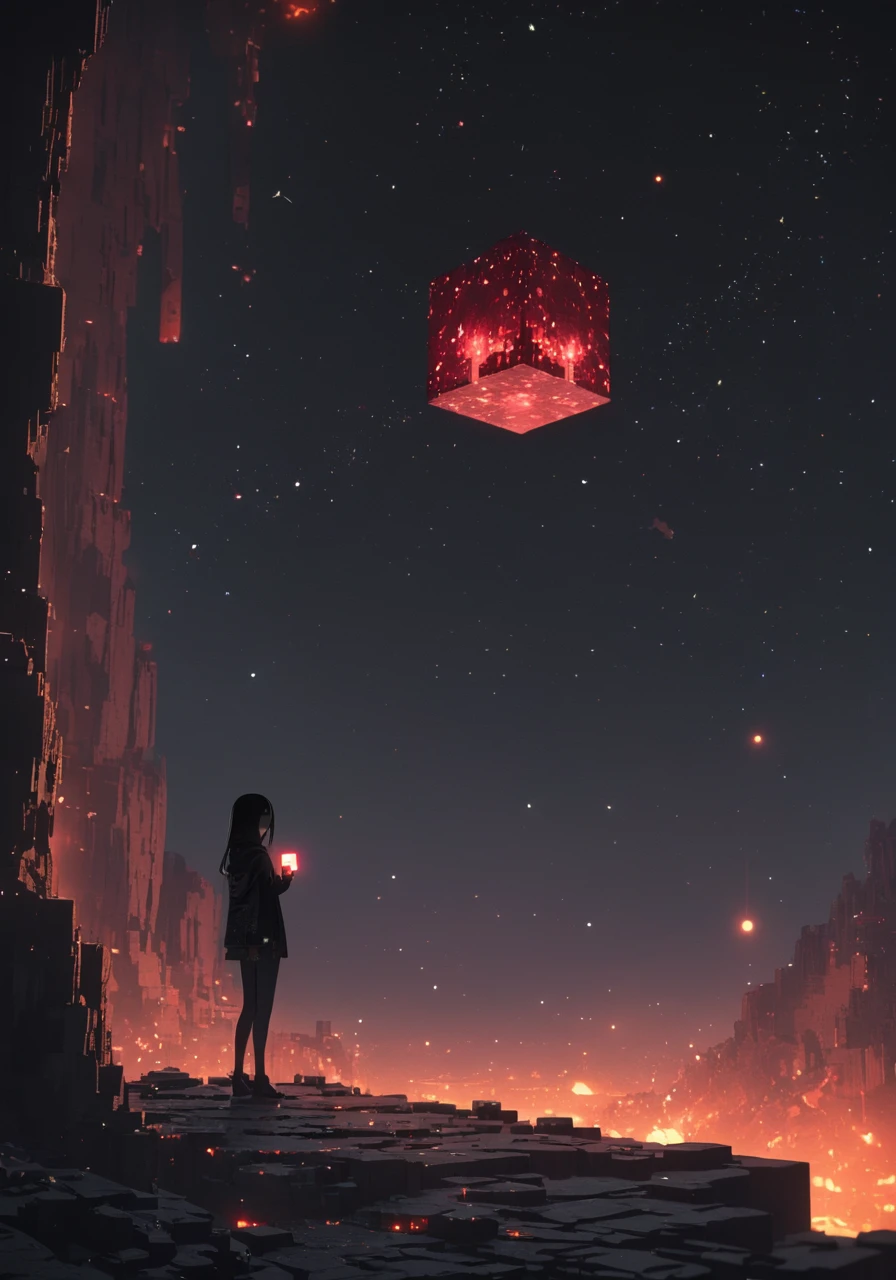 enderman, black body, portrait, holding cube, thin legs, looking at viewer, mouthless BREAK, minecraft, RTX on, unreal engine, detailed background, detailed foreground, depth of field, ambient silhouette, backlighting, the nether \(minecraft\), cliff, rock, space, nebula