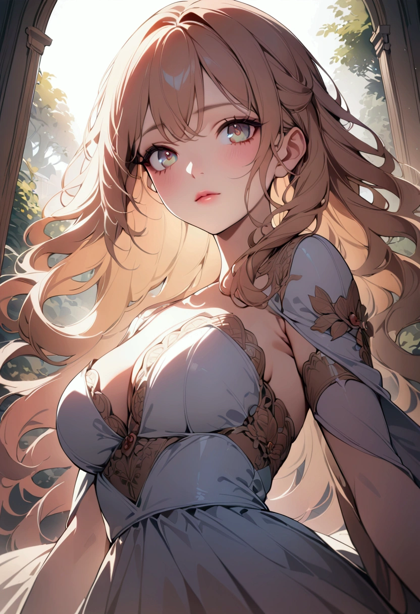 1girl, (Low Angle Shot:2), a beautiful girl in a garden, detailed face, detailed eyes, detailed lips, detailed nose, long eyelashes, elegant expression, flowing hair, (4k,8k,highres:1.2), ultra-detailed, natural lighting, warm color tones, impressionist style, cinematic lighting, masterpiece, best quality, very aesthetic, absurdres
