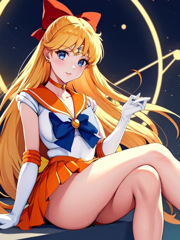 masterpiece, best quality, highres, venus1, 1girl, solo, sailor senshi uniform, sailor venus, aino minako, blonde hair, magical girl, blue eyes, orange skirt, elbow gloves, tiara, pleated skirt, hair bow, orange sailor collar, miniskirt, choker, red bow, orange choker, white gloves, very long hair, jewelry, earrings, sitting, crossed legs,