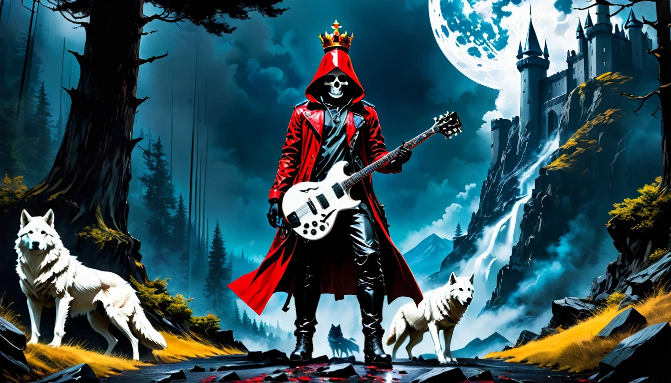 Fully realistic 8k realistic image, masterpiece.Epoxy_skull, A dark red hooded figure with a crown on its head. In the style of Yoji Shinkawa and Hyung-tae Kim, trends in artstation, black fantasy, full body, athletic, black biker boots, athletic body, holding a red, white and black guitar. great composition, conceptual art, Highly detailed. Edward Hopper. 8K. octane rendering. digital painting. Roltec futuristic setting. Highly detailed, Hyper realistic behind a period landscape, realistic with a mountain, castle, clouds, white wolves on the mountain, a dark forest