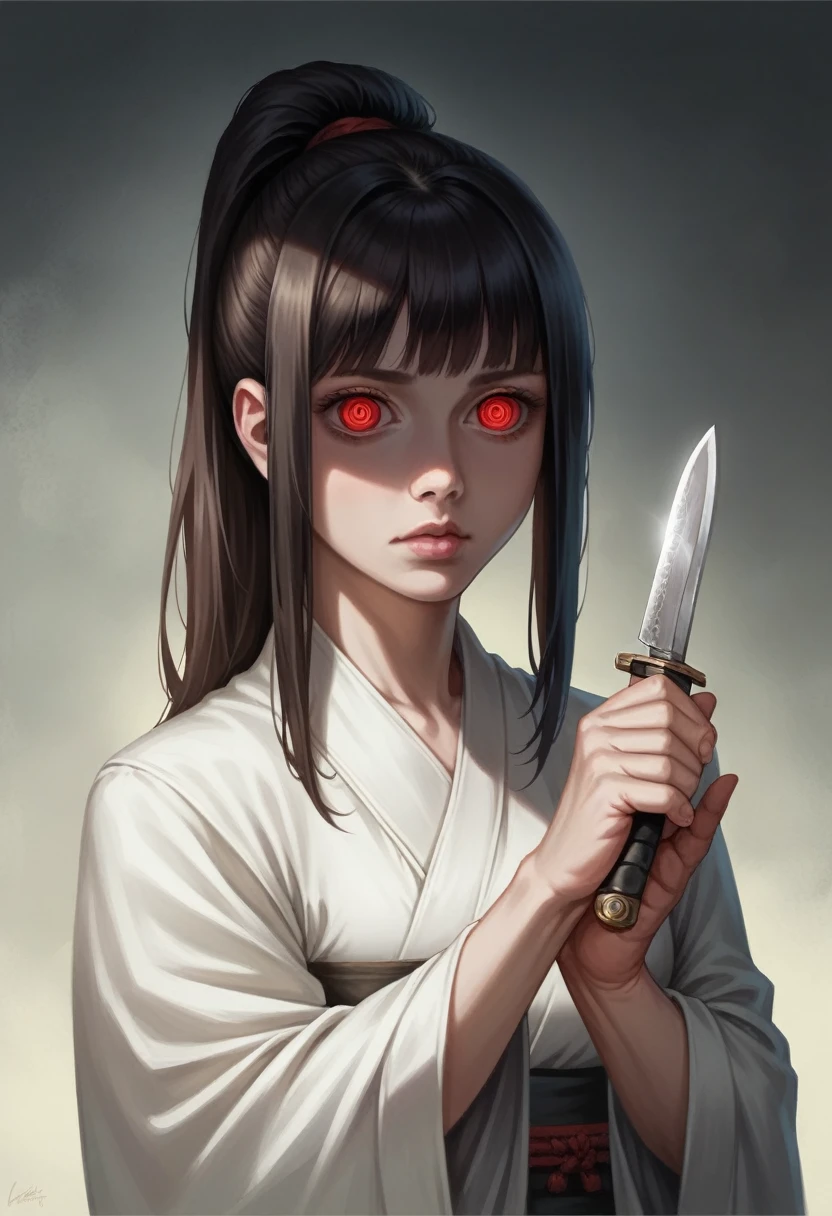 a long black ponytail girl, taoist robe, holding a knife, red eyes, detailed face, detailed eyes, detailed lips, highly detailed, photorealistic, cinematic lighting, dramatic, masterpiece, 8k, best quality, intricate details, hyper realistic, oil painting, digital art, fantasy, dark atmosphere, chiaroscuro, moody, dramatic lighting
