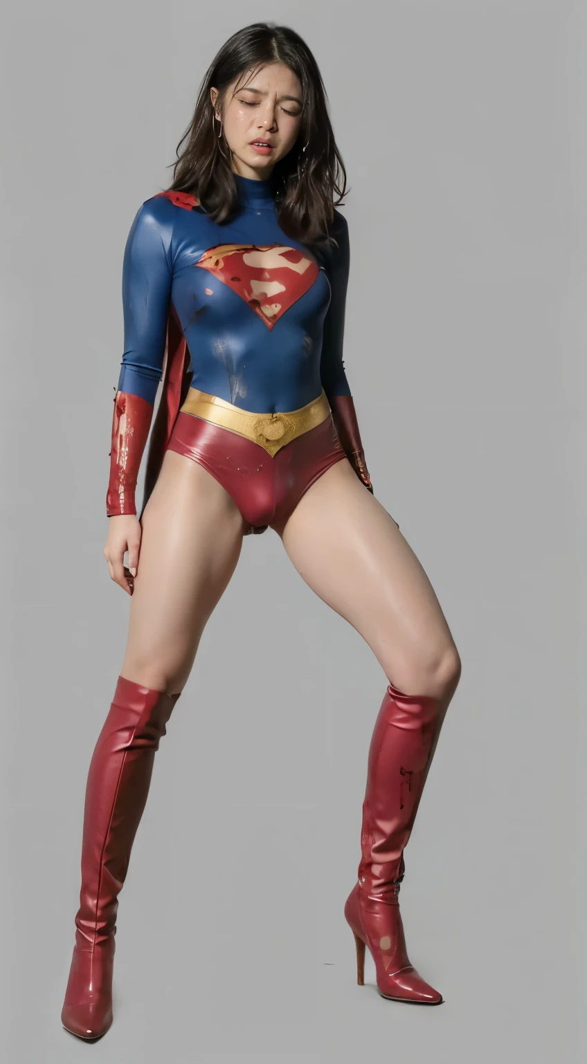 No background、(((Bleeding from the crotch)))、(((Eyes closed)))、(((Tears overflow from my eyes)))、(((Are crying)))、(((sweating)))、(((Sweaty)))、(((I'I'm always sweating)))、(((tolerates heat)))、(((Beautiful legs in black tights.)))、(((Legally expressing painful beauty)))、((((Make the most of your original images)))、(((体にぴったりフィットするSupergirl Costume)))、(((Supergirl Costume)))、(((short and beautiful hair)))、(((suffering)))、(((Please wear black tights....、Wear red boots)))、((Best image quality、8k))、((Highest quality、8k、masterpiece:1.3))、(((Preserve background )))、Sharp focus:1.2、Beautiful woman with perfect figure:1.4、Slim Abs:1.2、Wet body:1.5、Highly detailed face and skin texture、8k
