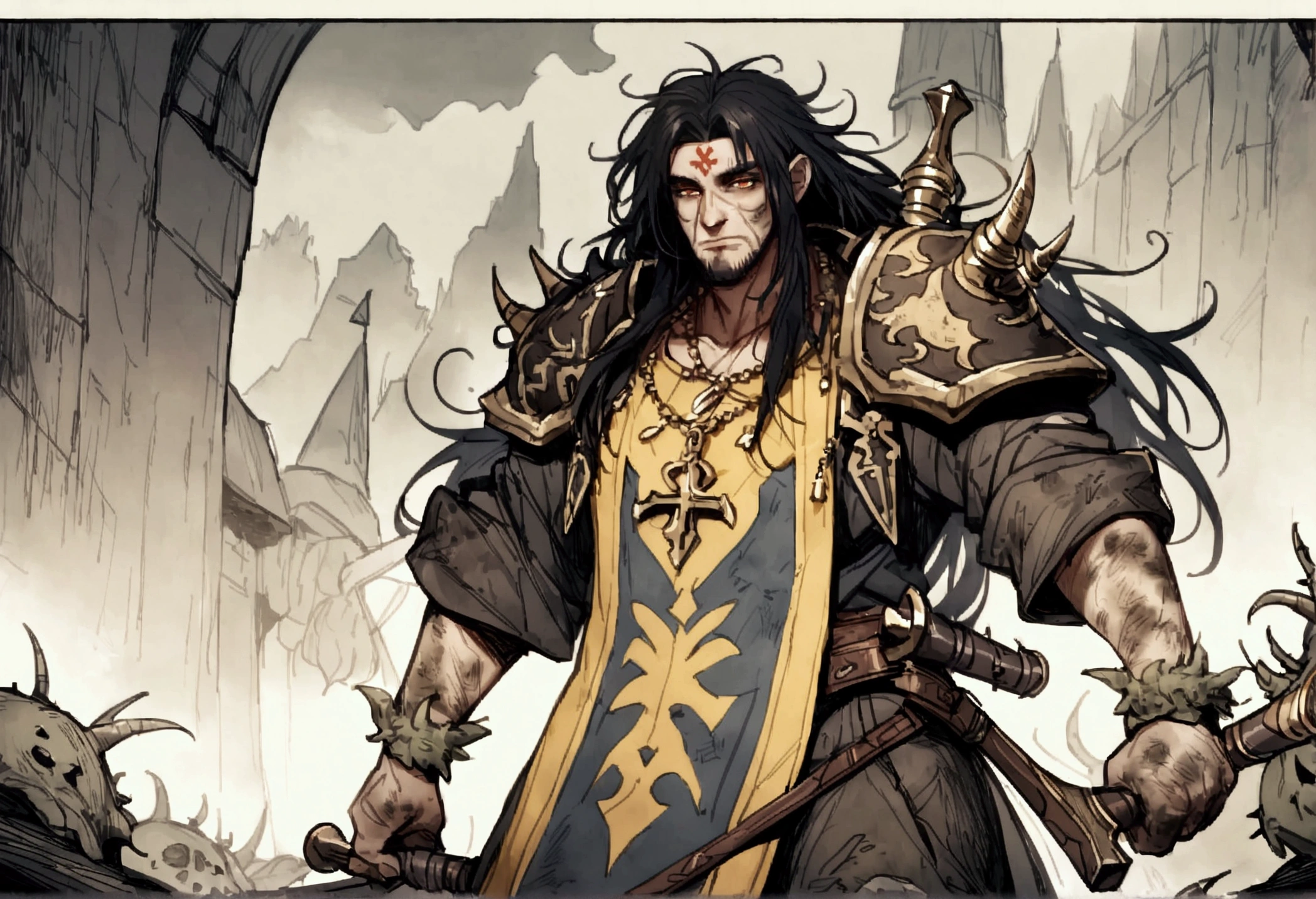 A 40ish man devotee of Warhammer chaos god Nurgle, (bedraggled, black hair, brown eyes, dirty and dingy, european features, dirty worn clothing, tabard with christian markings, obvious chaos tain assorted holy symbol necklaces dagger and mace on belt) walking a trail
