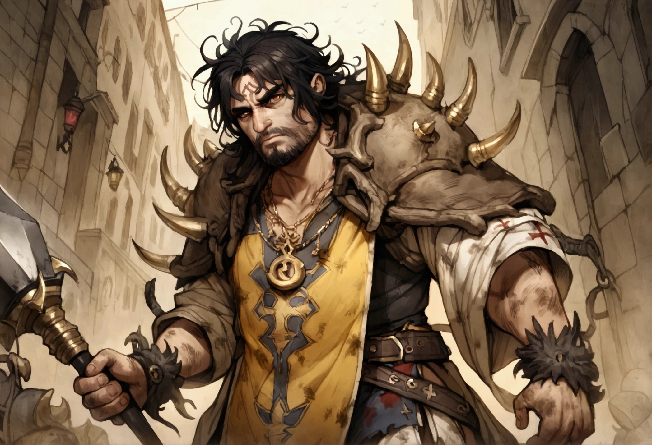 A 40ish man devotee of Warhammer chaos god Nurgle, (bedraggled, black hair, brown eyes, dirty and dingy, european features, dirty worn clothing, tabard with christian markings, obvious chaos tain assorted holy symbol necklaces dagger and mace on belt) walking a trail
