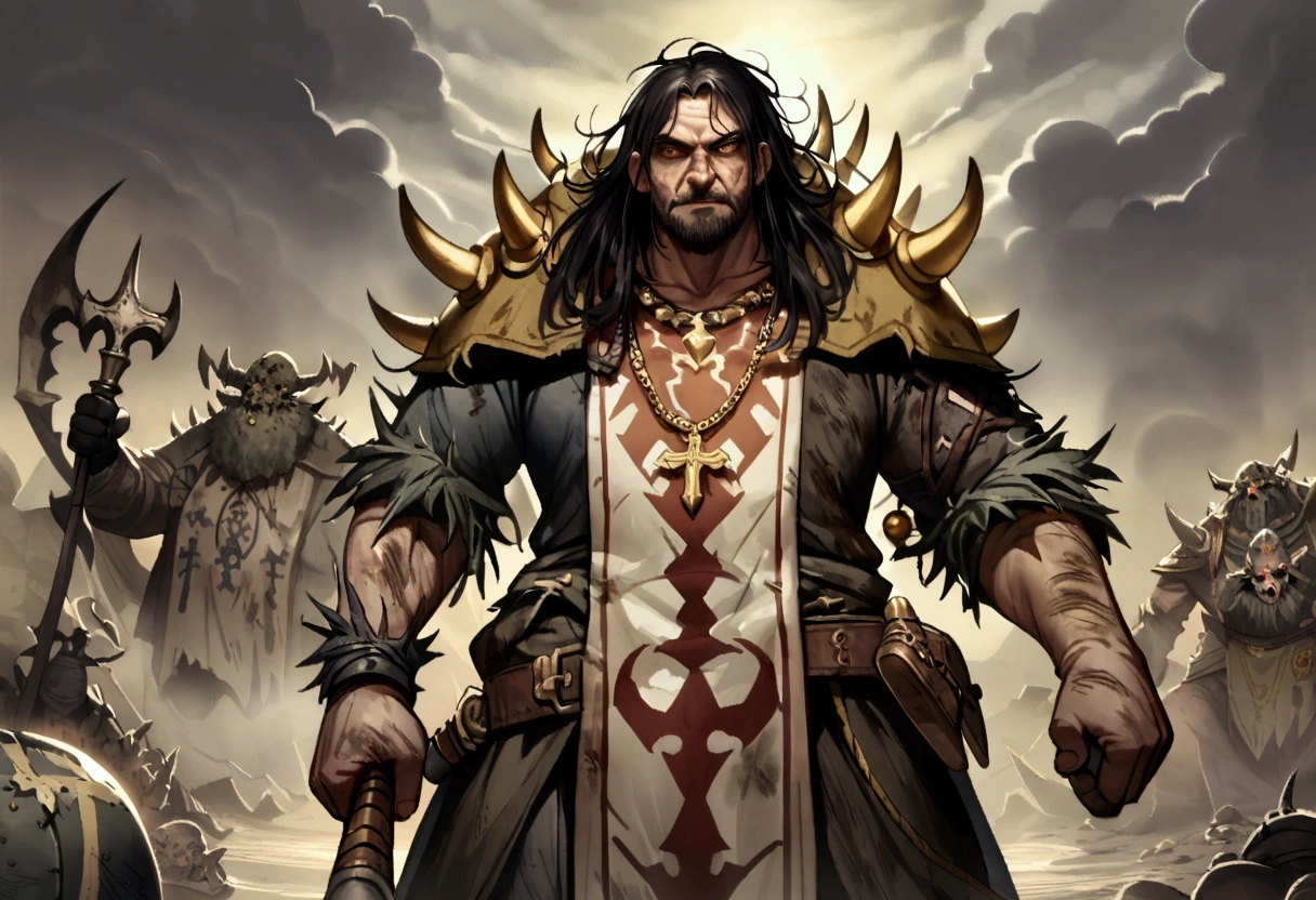 A 40ish man devotee of Warhammer chaos god Nurgle, (bedraggled, black hair, brown eyes, dirty and dingy, european features, dirty worn clothing, tabard with christian markings, obvious chaos tain assorted holy symbol necklaces dagger and mace on belt) walking a trail