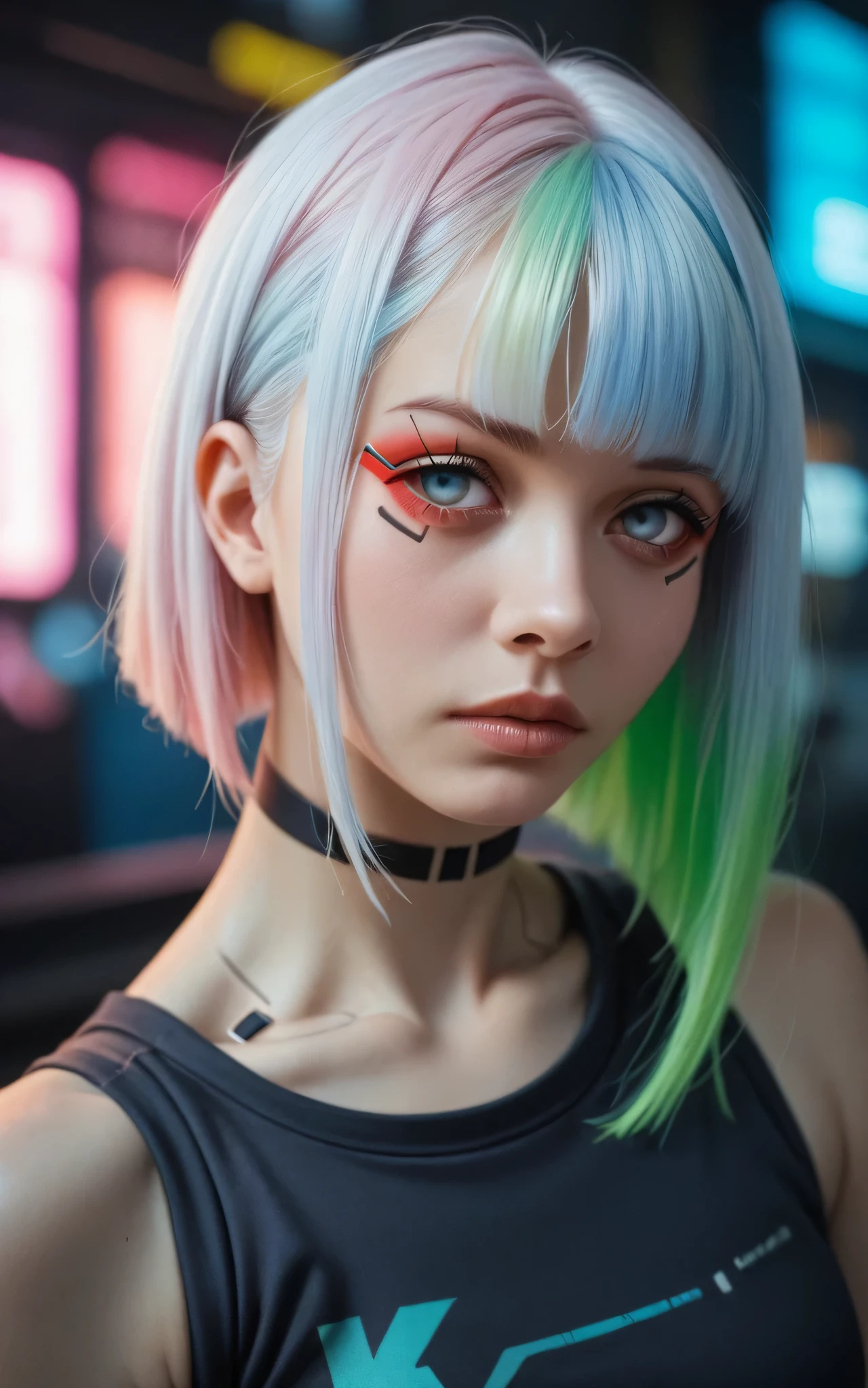 lucy \(cyberpunk\), masterpiece, high detail, 8k, full body portrait, 1girl, hime cut, white hair, blue hair, pink hair, yellow hair, green hair, multicolored hair, parted bangs, red eyeliner, crop top, cyberpunk \(series\)