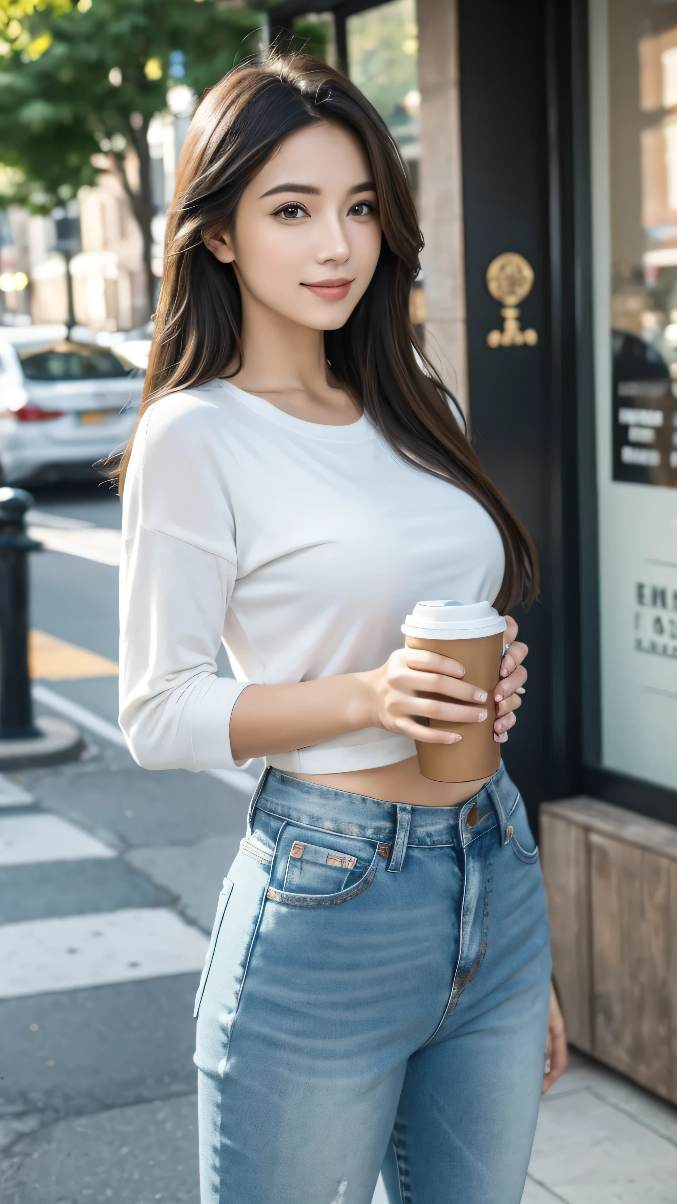 a beautiful brunette woman, blond hair, holding a cup of coffee, walking in the street, (best quality,4k,8k,highres,masterpiece:1.2),ultra-detailed,(realistic,photorealistic,photo-realistic:1.37),detailed eyes,detailed lips,extremely detailed face,longeyelashes,fashion portrait,natural lighting,warm colors,urban environment,city street,coffee shop,lifestyle,relaxed expression,casual outfit,jeans and sneakers, no blurring, ultra realistic background, full bofy view