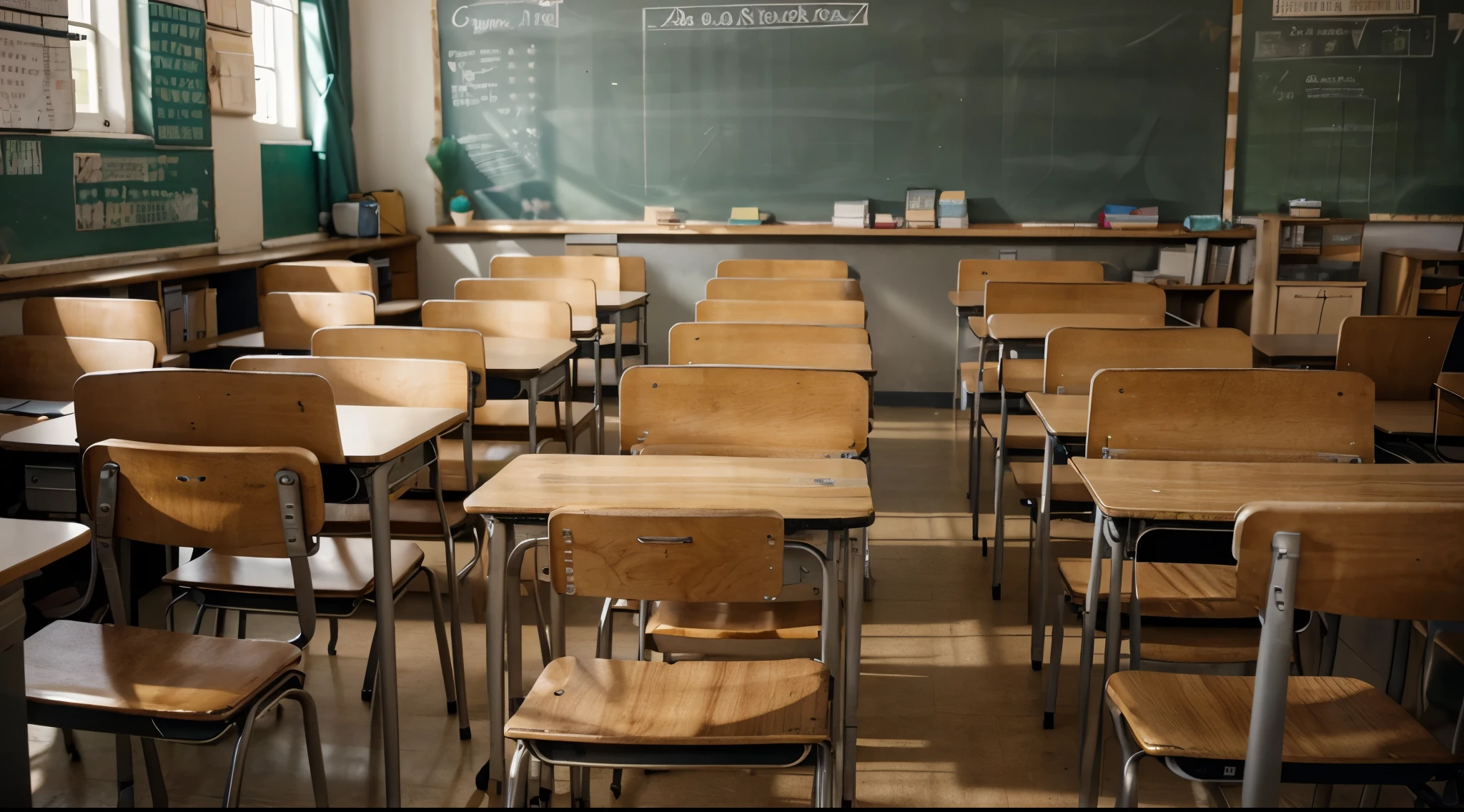 Empty Classroom. Back to school concept in high school. Classroom Interior Vintage Wooden Lecture Wooden Chairs and Desks. Studying lessons in secondary education